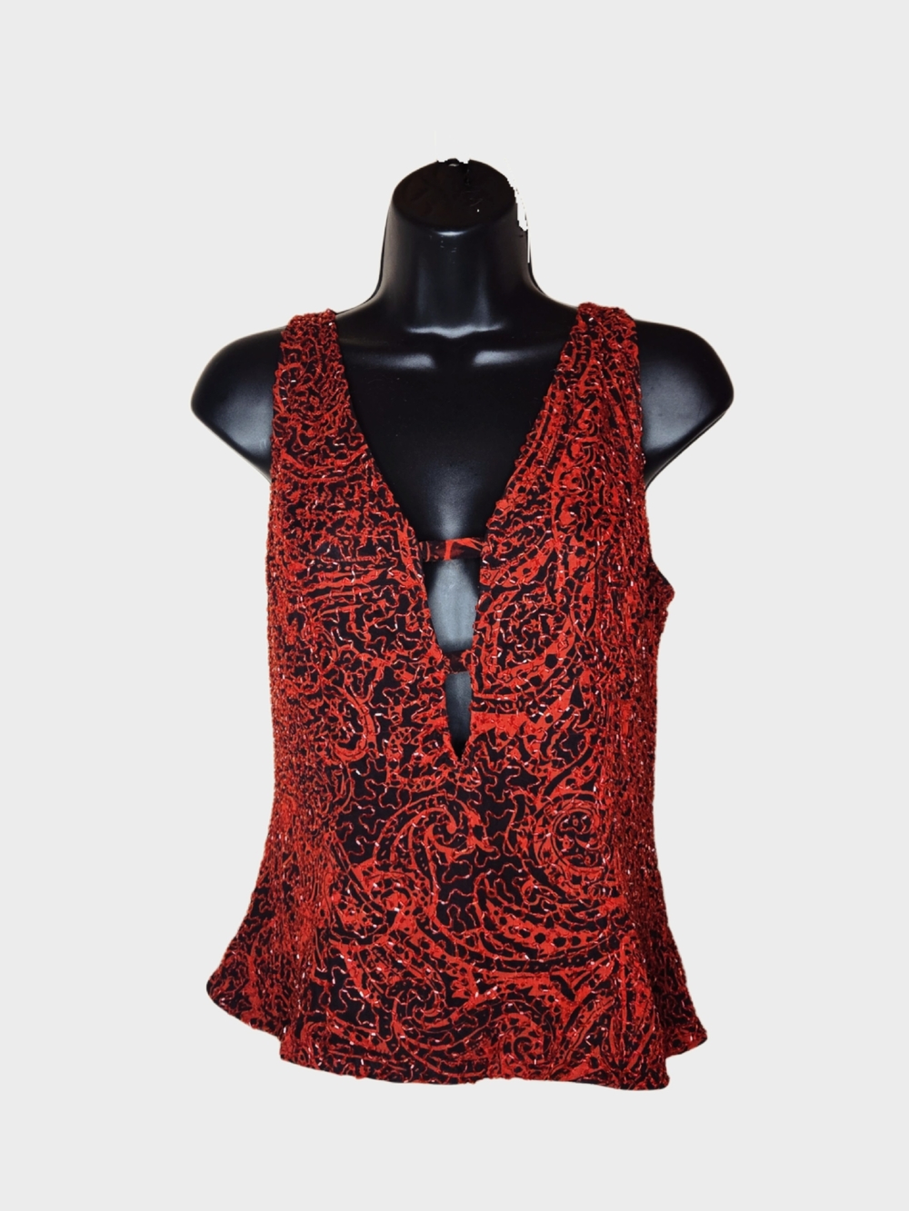Vintage 90s Silk Red Beaded V-Neck Top!